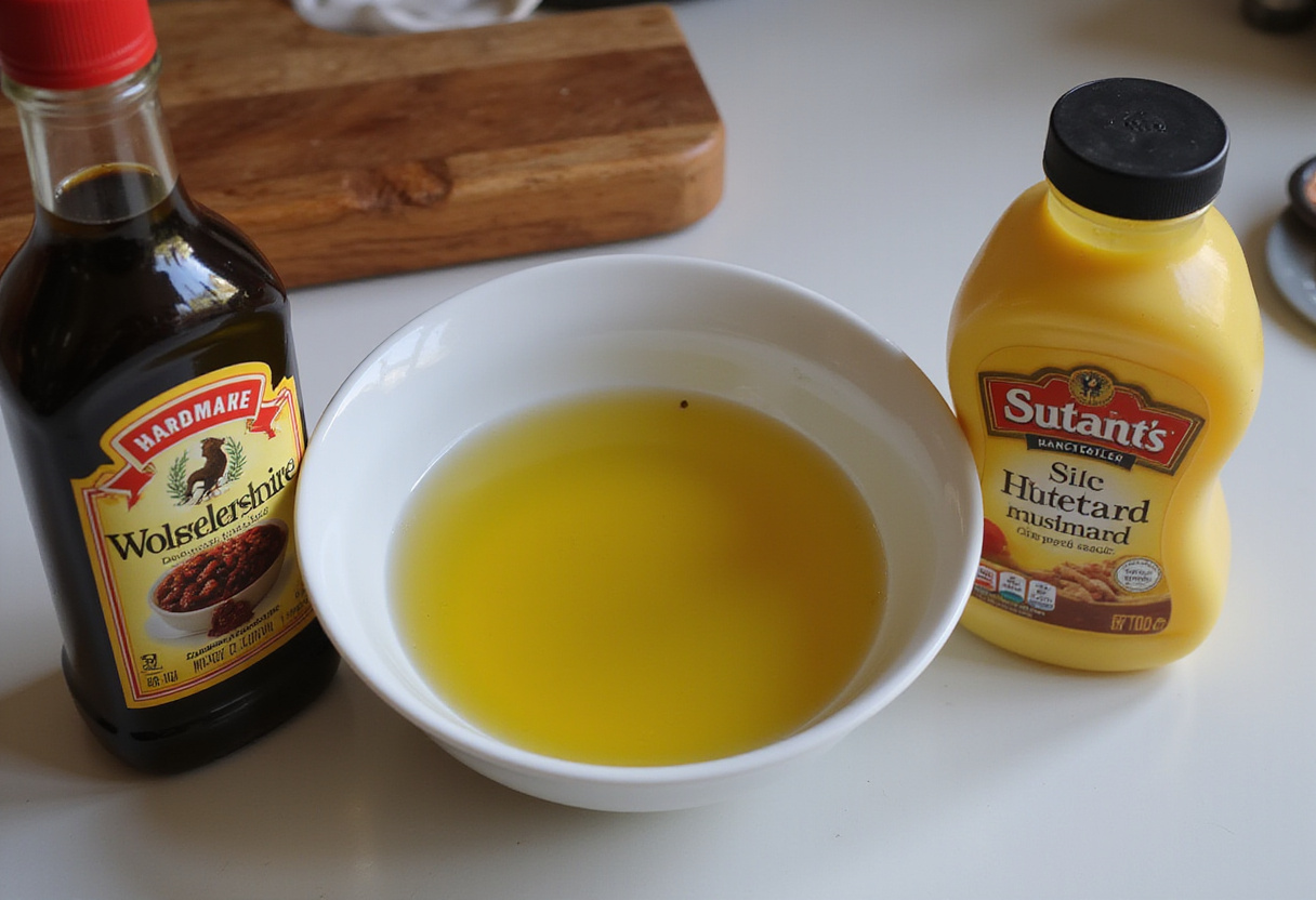 Ingredients for the dressing for Tartar De Fuet: olive oil, Worcestershire sauce and mustard.