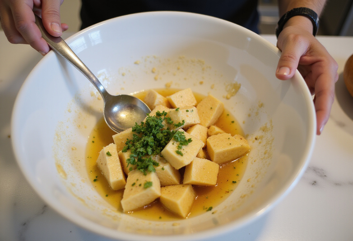 Mixing fuet with dressing ingredients to prepare Tartar De Fuet.