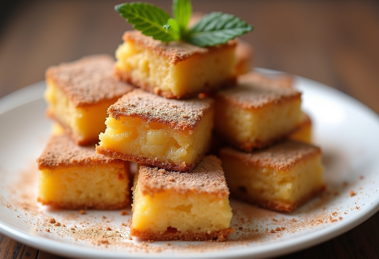 Leche frita asturiana terminada, dorada y espolvoreada con canela y azúcar, lista para servir.