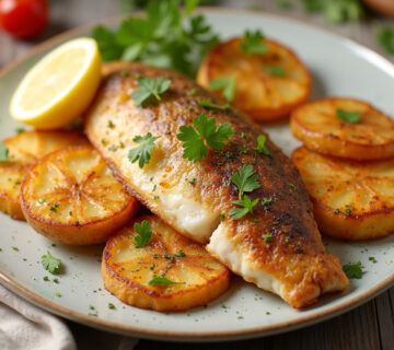 Lubina al horno con patatas panaderas doradas, decorada con hierbas frescas y limón, lista para servir.
