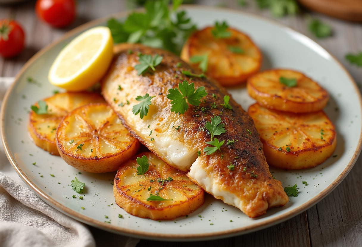 Lubina al horno con patatas panaderas doradas, decorada con hierbas frescas y limón, lista para servir.