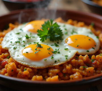 Plato terminado de Migas extremeñas con huevos fritos y perejil fresco, listo para servir.