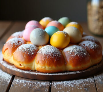 Mona de Pascua catalana terminada, decorada con huevos de colores y azúcar glas.