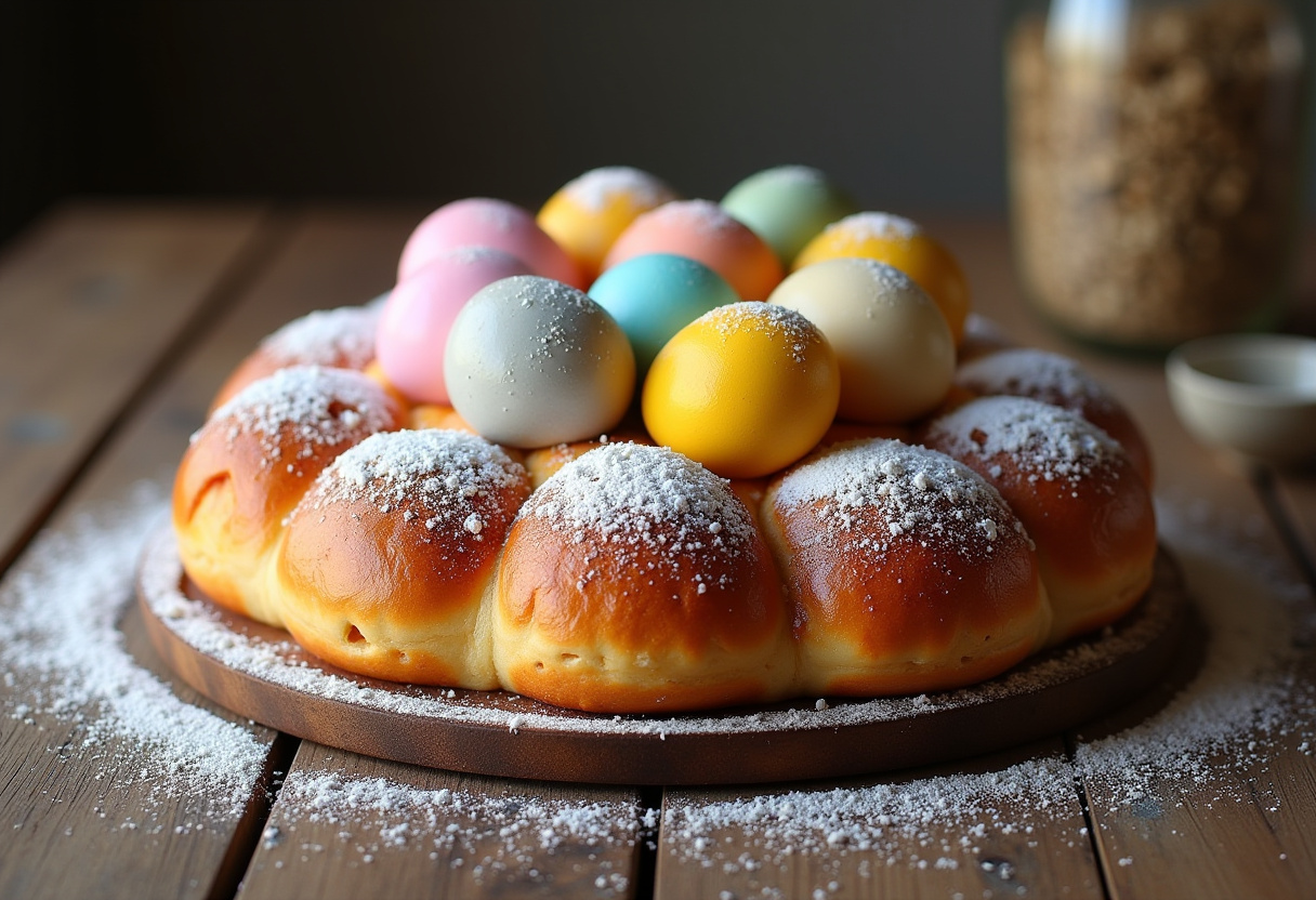 Mona de Pascua catalana terminada, decorada con huevos de colores y azúcar glas.