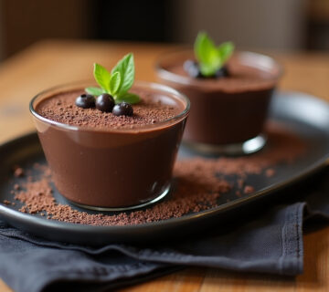 Mousse de chocolate negro terminada, presentada en copas con decoración de virutas de chocolate y menta.