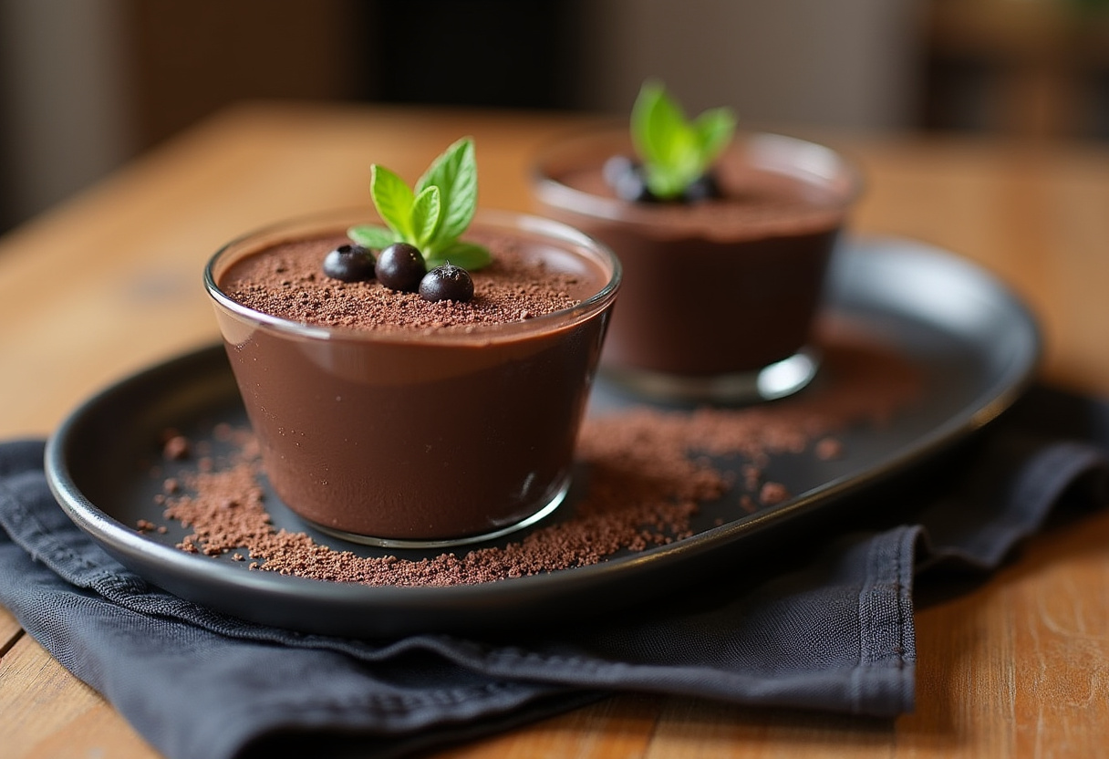 Mousse de chocolate negro terminada, presentada en copas con decoración de virutas de chocolate y menta.