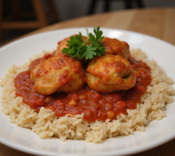 Finished dish of Grandma's Chicken Thighs in Tomato Sauce served over rice.