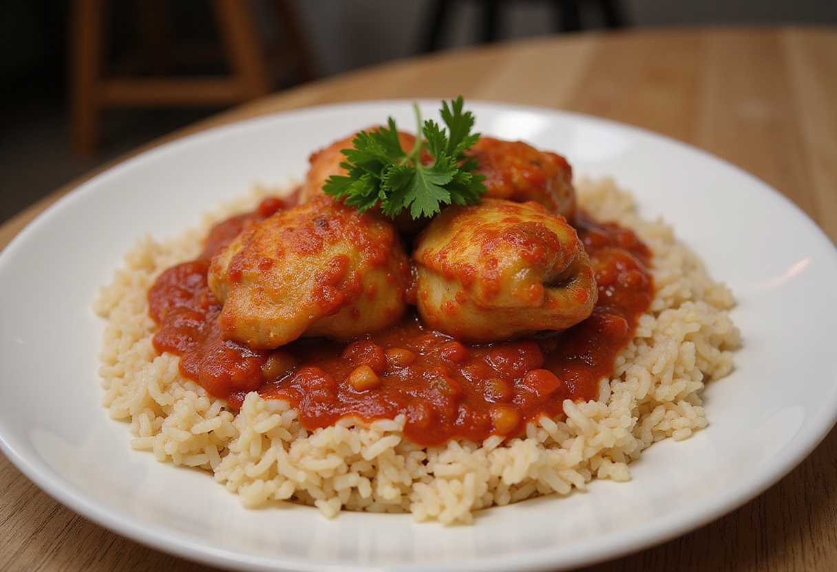 Finished dish of Grandma's Chicken Thighs in Tomato Sauce served over rice.