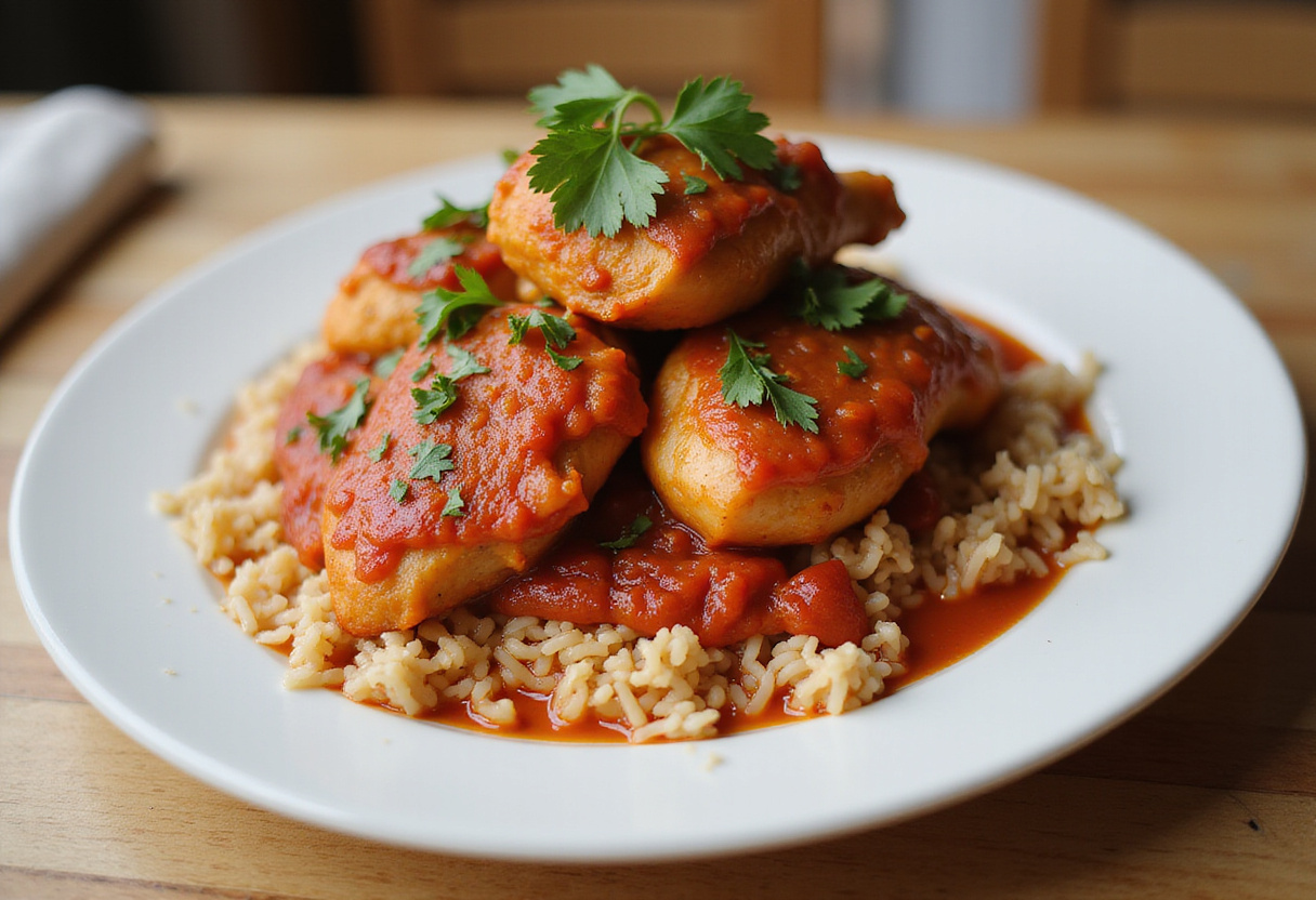 Plato terminado de Muslos de Pollo en Salsa de la Abuela servido sobre arroz.