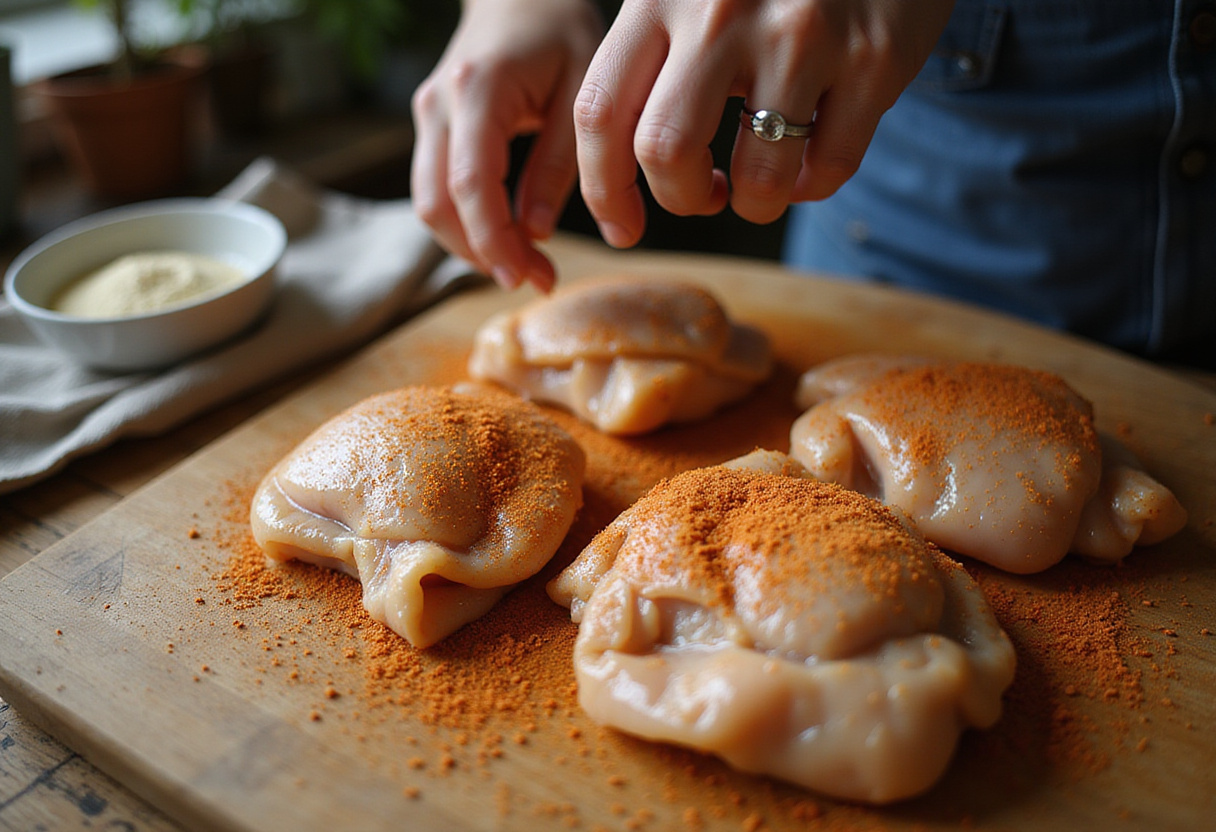 Muslos de pollo siendo sazonados con especias para la receta de pollo de la abuela.