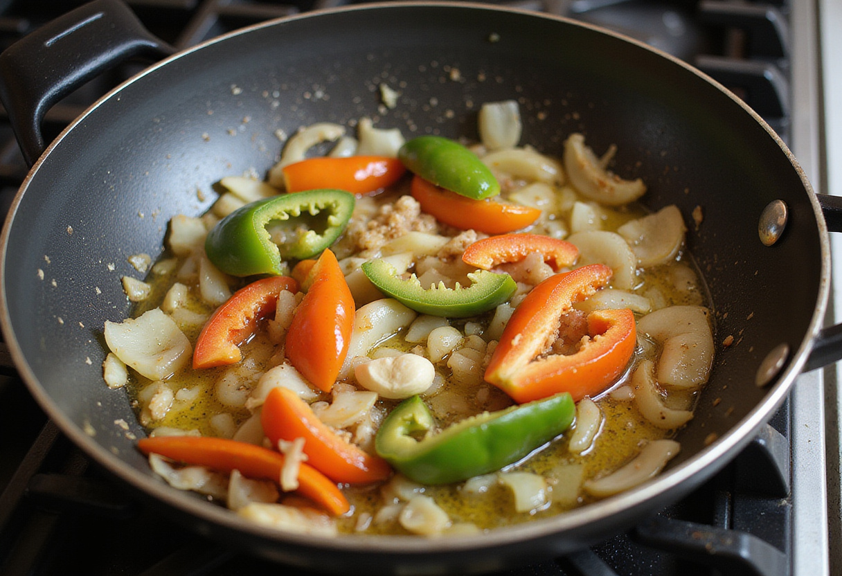 Sofriendo verduras para la Receta de Muslos de Pollo de la Abuela.
