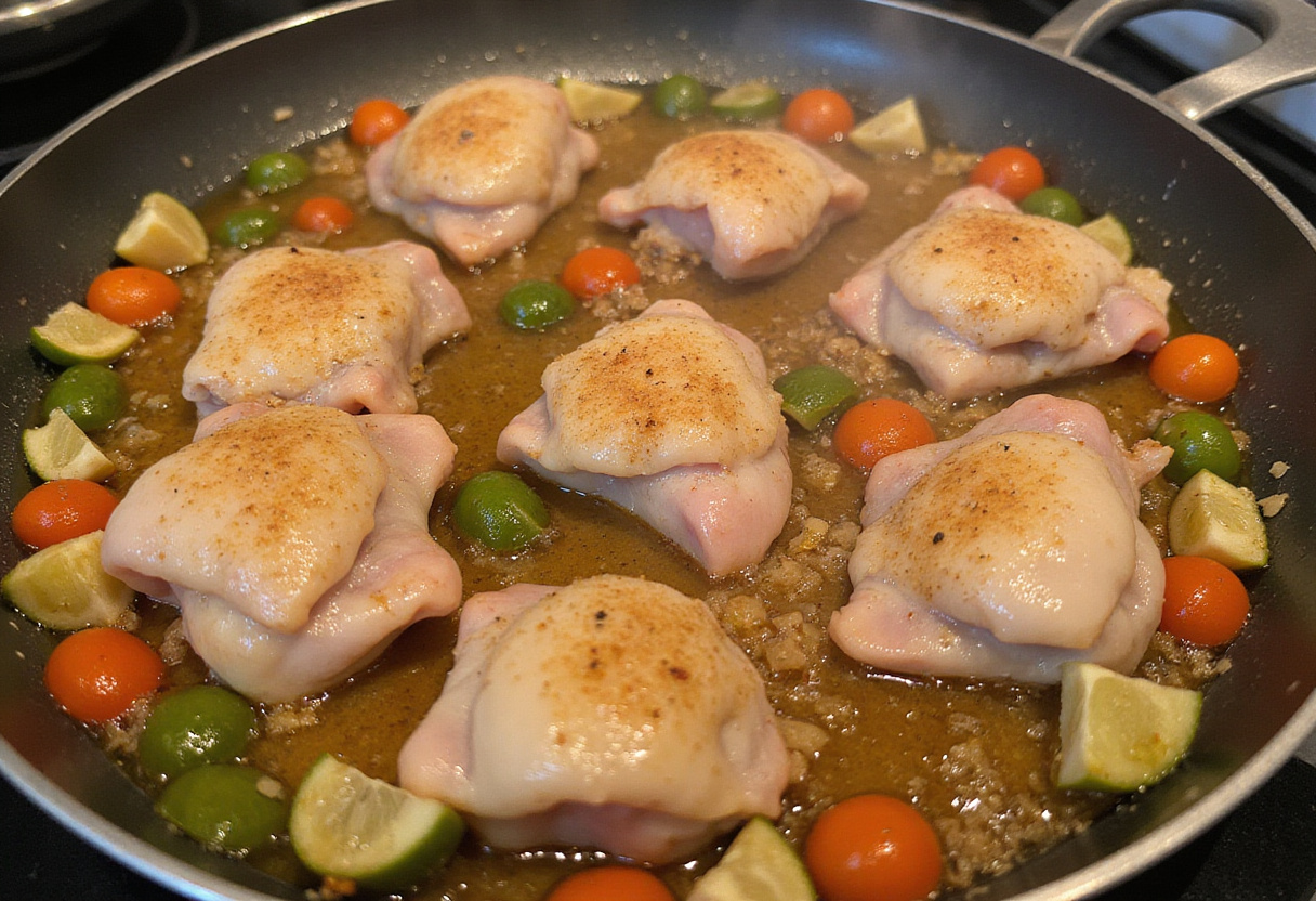 Muslos de pollo dorándose en una sartén con verduras para la receta de pollo de la abuela.