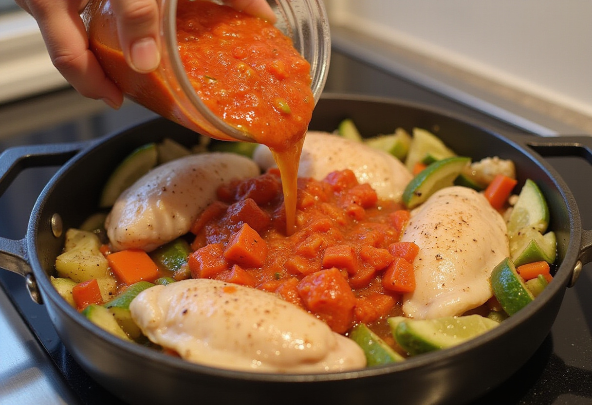 Añadiendo tomates y caldo a los muslos de pollo cociéndose a fuego lento en la sartén para la Receta de Pollo de la Abuela.