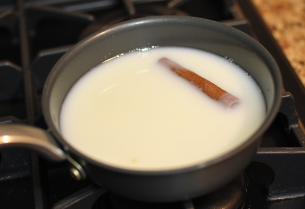Leche calentándose en una cacerola con un palo de canela para hacer natillas caseras.
