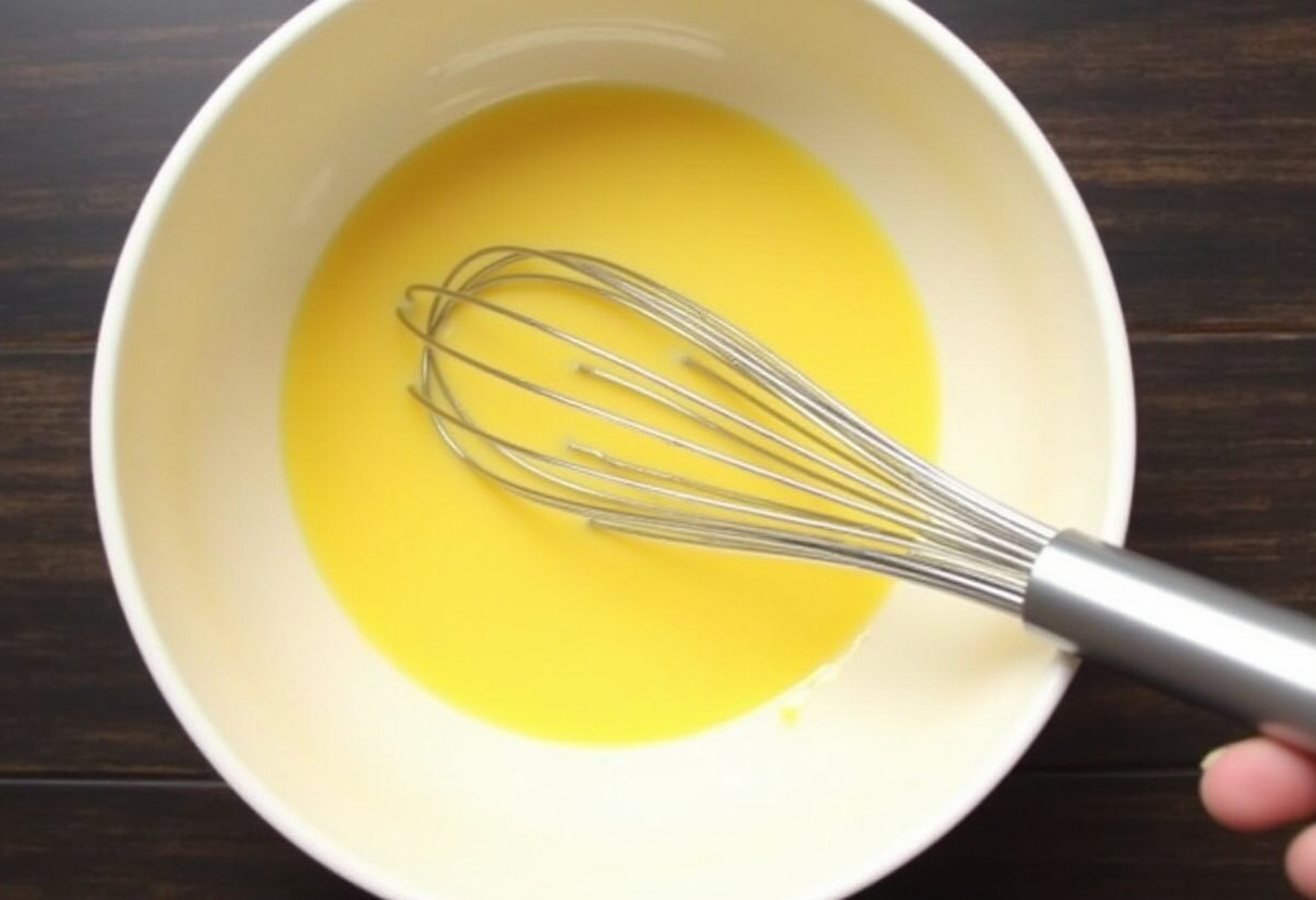 Yemas de huevo y azúcar batidas juntas para la preparación de natillas caseras.