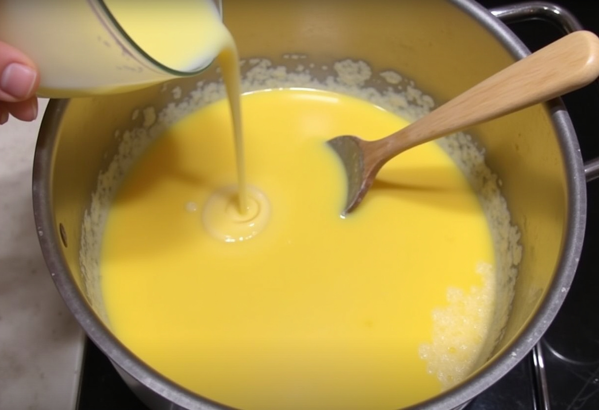 Leche tibia vertiéndose en la mezcla de yemas para hacer natillas caseras.