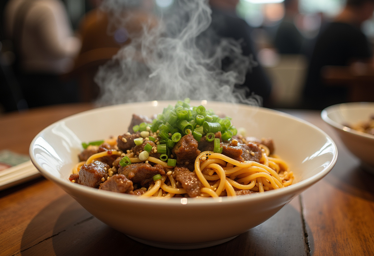 Delicious Chinese beef and vegetable noodles served in a bowl, garnished and ready to enjoy.
