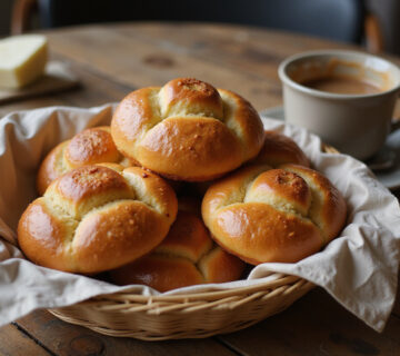 Pan de Bono recién horneado servido con café colombiano, una delicia tradicional.