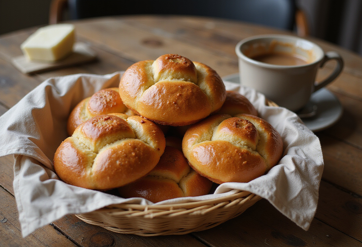 Pan de Bono recién horneado servido con café colombiano, una delicia tradicional.