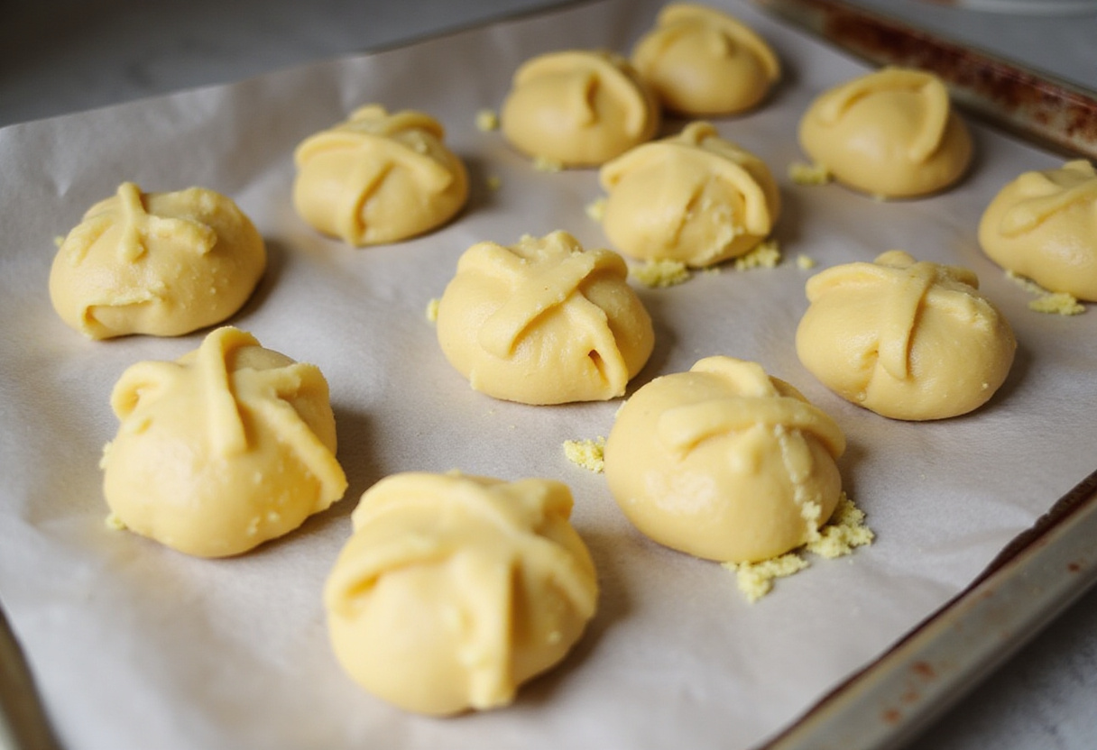 Bolas de masa de Pan de Bono listas para hornear en una bandeja para hornear.