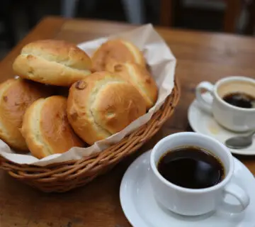 Freshly baked Pan De Bono in a basket with Colombian coffee.