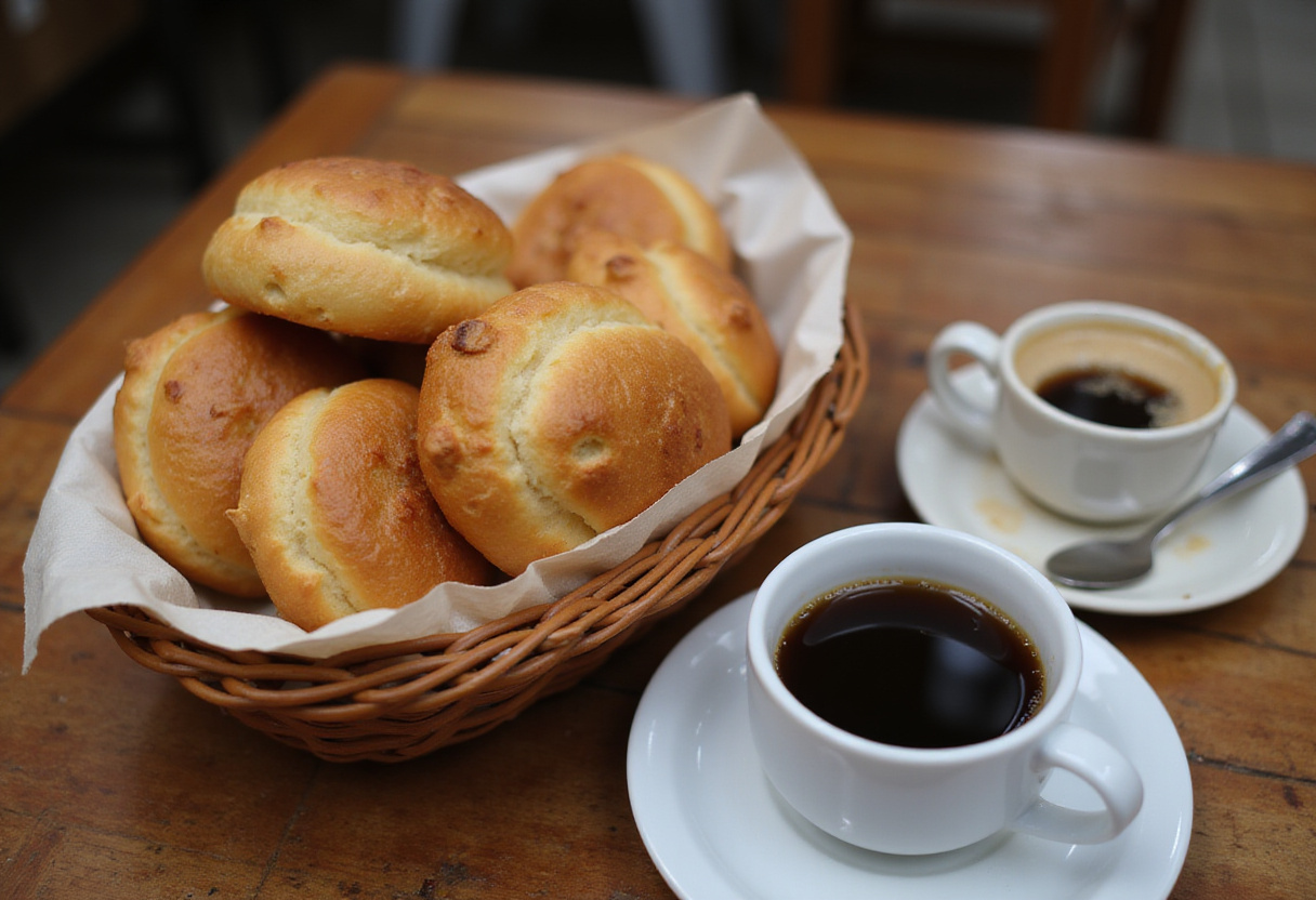 Freshly baked Pan De Bono in a basket with Colombian coffee.
