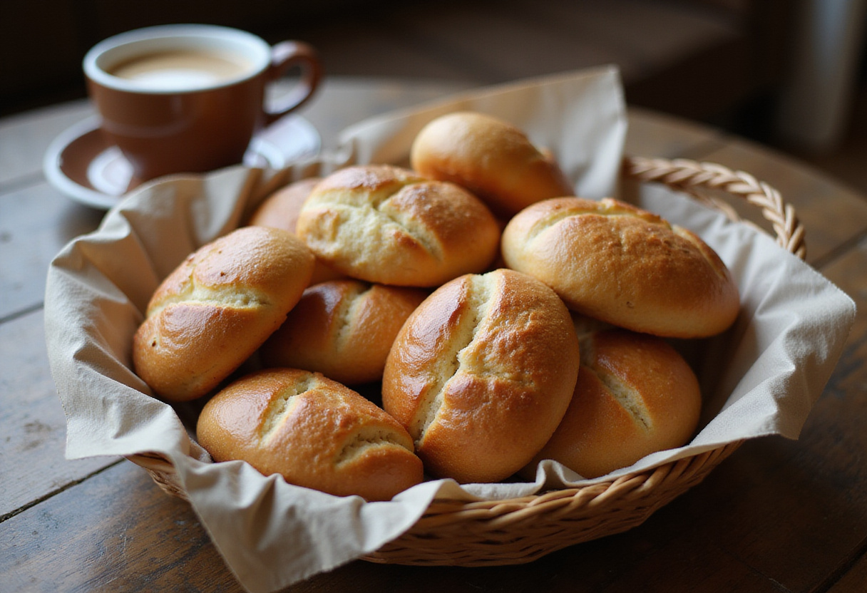 Freshly baked Pan De Bono in a basket with Colombian coffee.