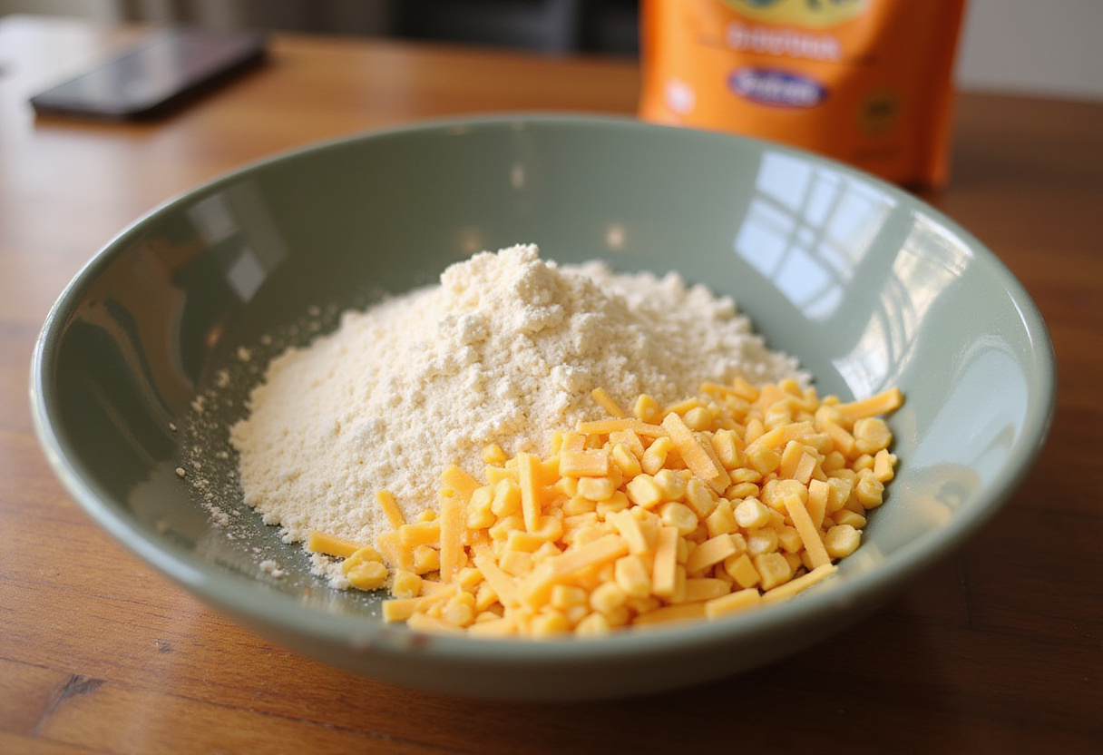 Ingredients for Pan De Bono: tapioca starch, corn flour, and cheese in a bowl.