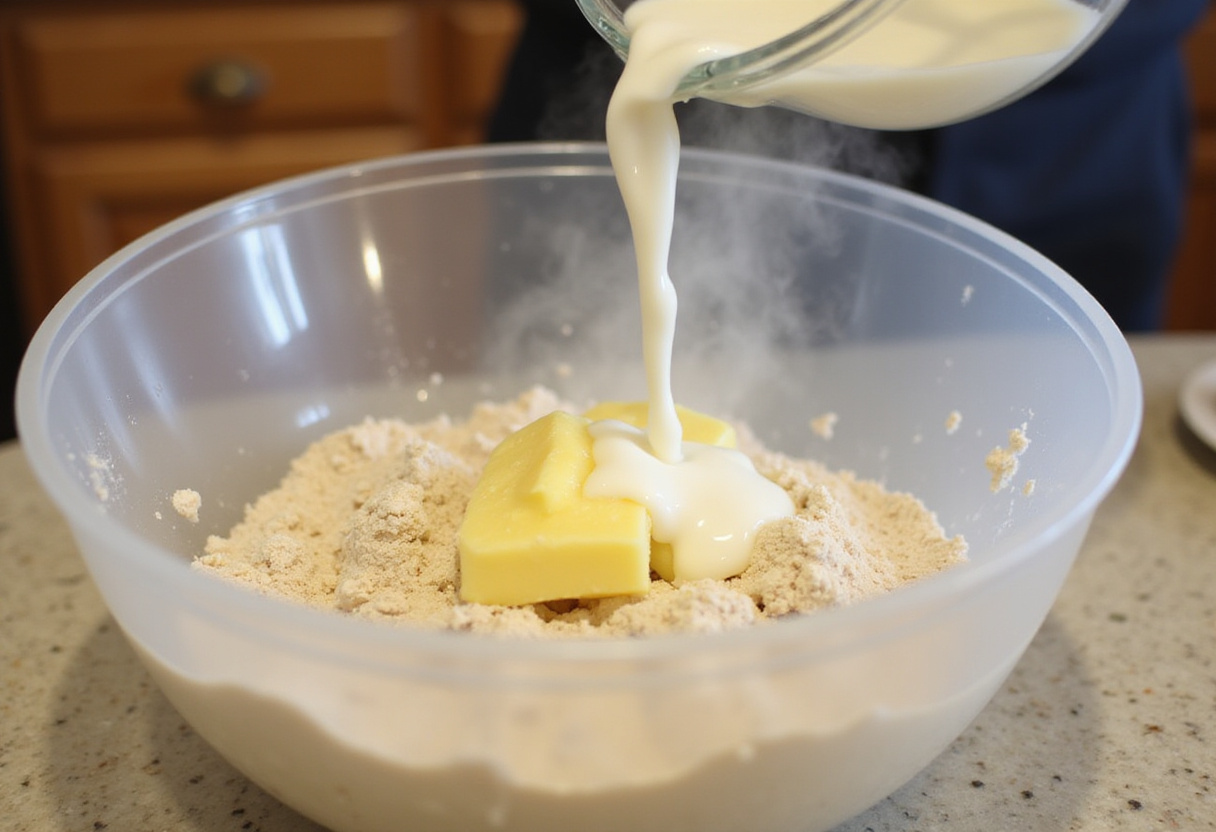 Melted butter and milk being added to dry ingredients for Pan De Bono.