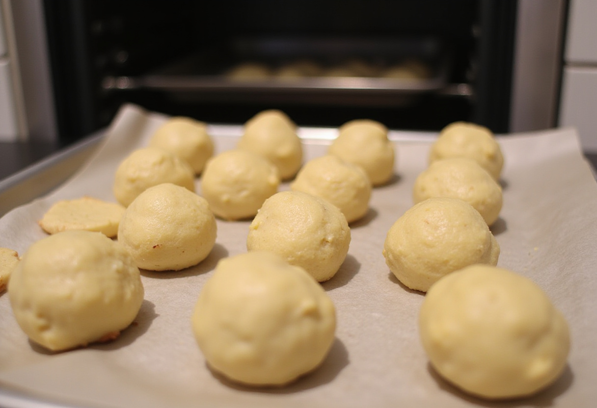 Pan De Bono balls ready to be baked on a baking sheet.