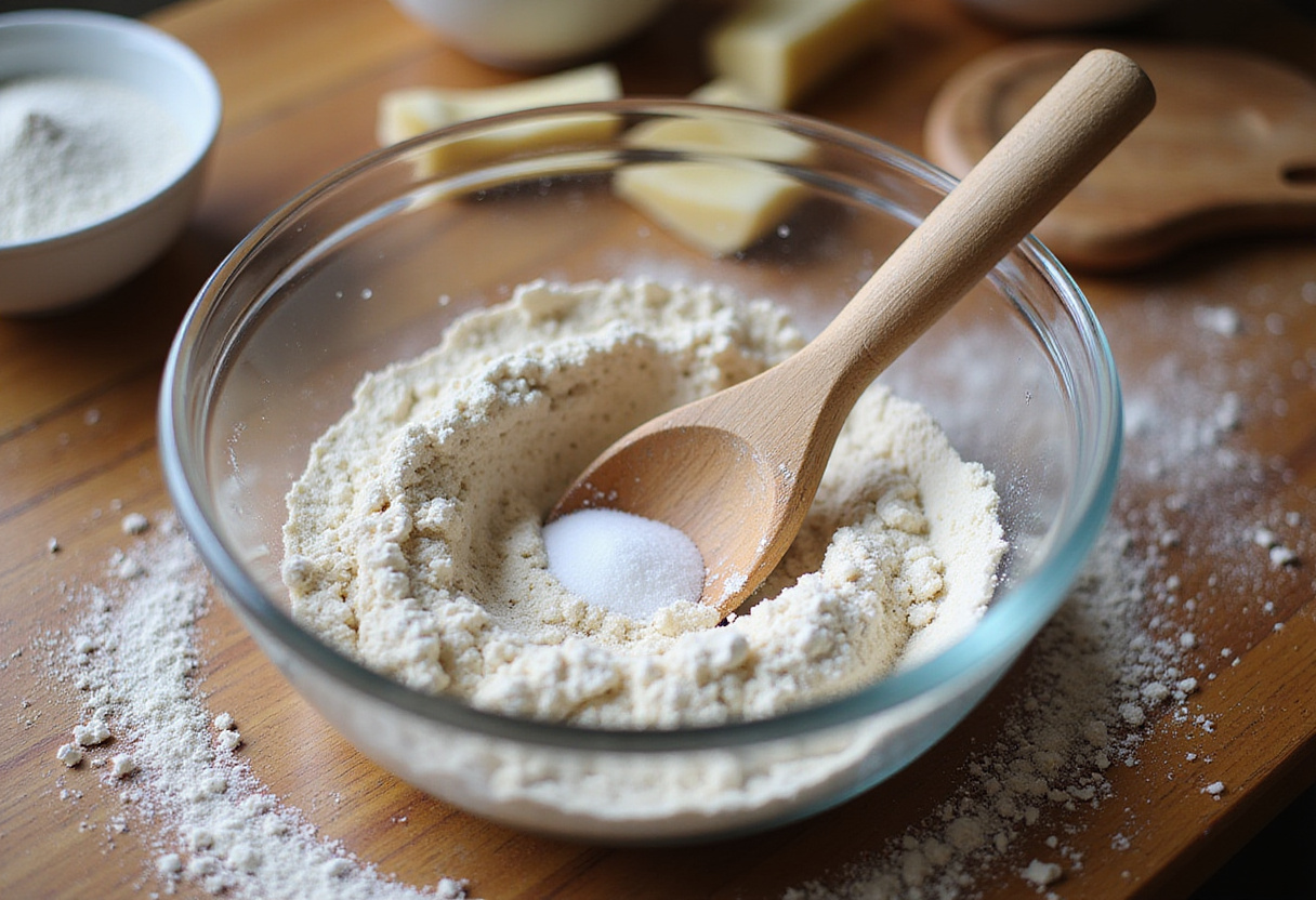 Ingredientes para Pan De Centeno mezclándose en un cuenco de vidrio.
