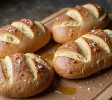 Authentic Pan De Cristal loaves with crispy crust and air pockets, served with olive oil.