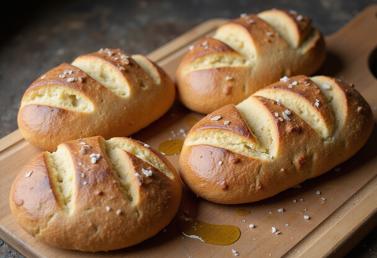 Authentic Pan De Cristal loaves with crispy crust and air pockets, served with olive oil.