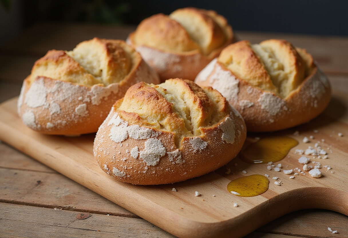 Auténticos panes de Pan De Cristal con corteza crujiente y bolsas de aire, servidos con aceite de oliva.
