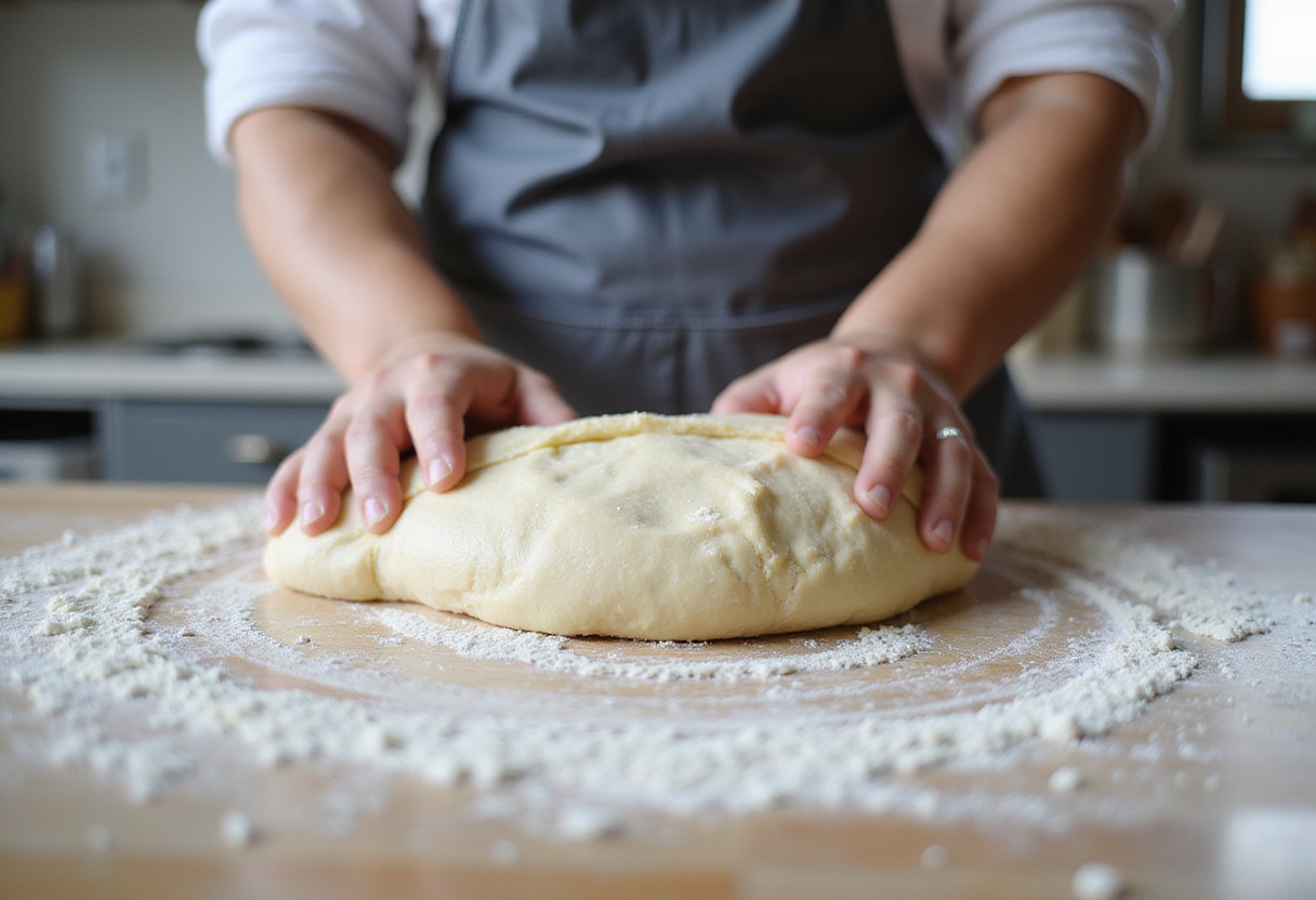 Estirando y doblando la masa de Pan De Cristal para el primer levado.
