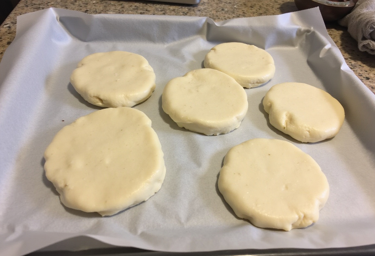 Piezas de masa de Pan De Cristal levándose en una bandeja para hornear.