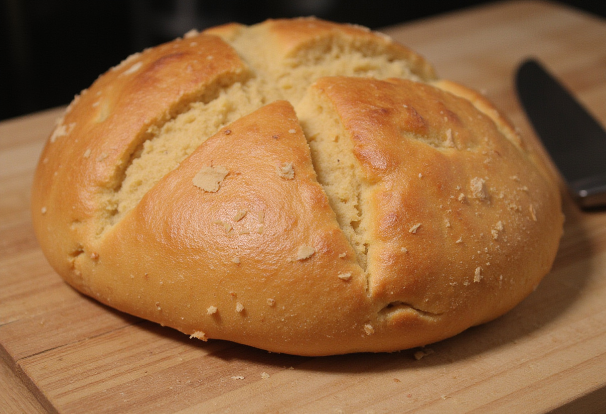 Delicious freshly baked Pan De Espelta (Spelt Bread) ready to be sliced and served.