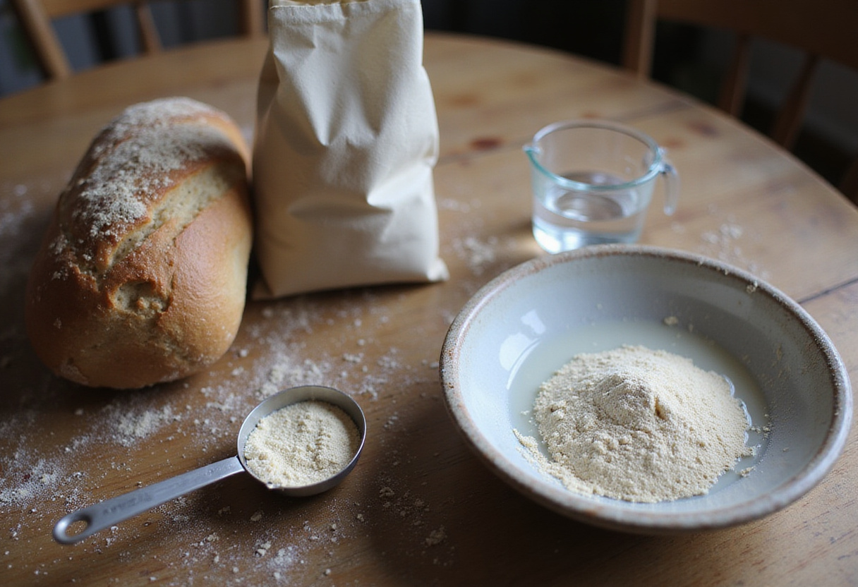 Ingredientes para hacer Pan De Espelta (Pan de Espelta) en una mesa rústica de madera.