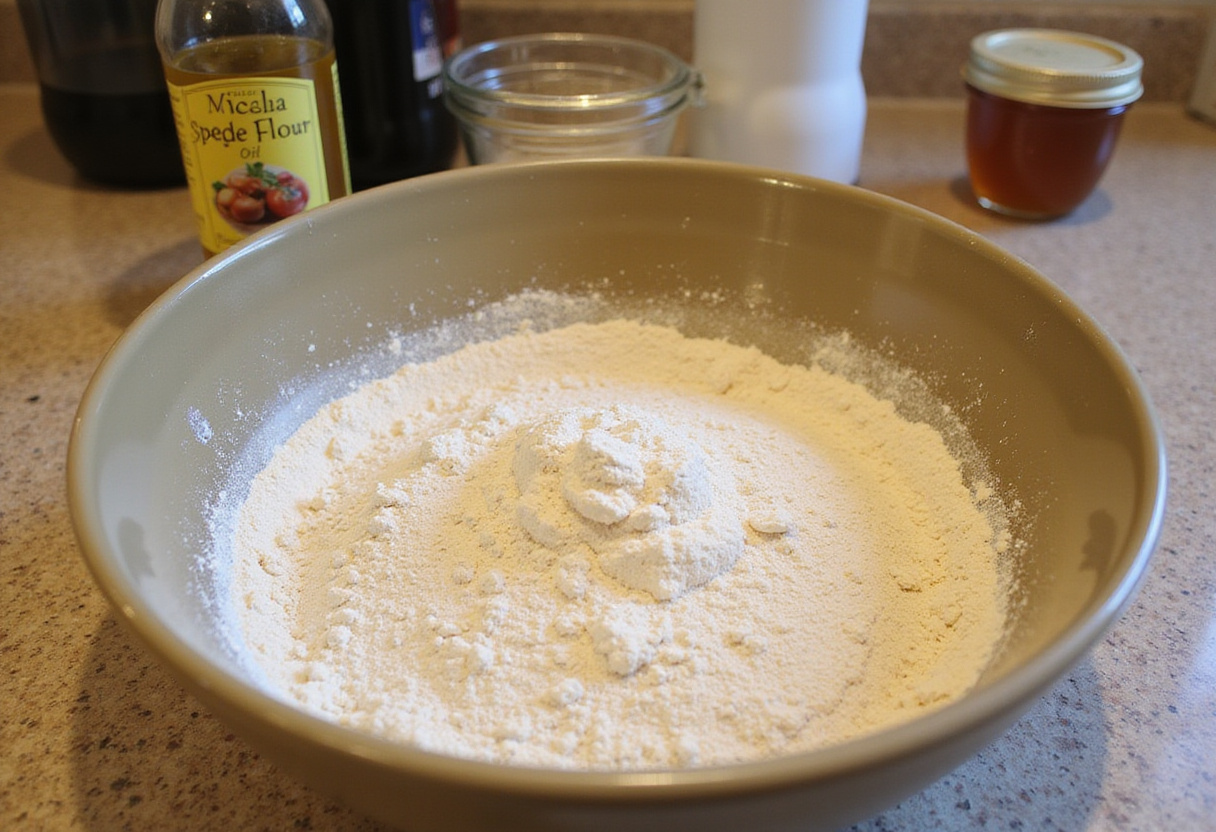 Mezclando harina de espelta, aceite de oliva y miel en un tazón para preparar Pan De Espelta.