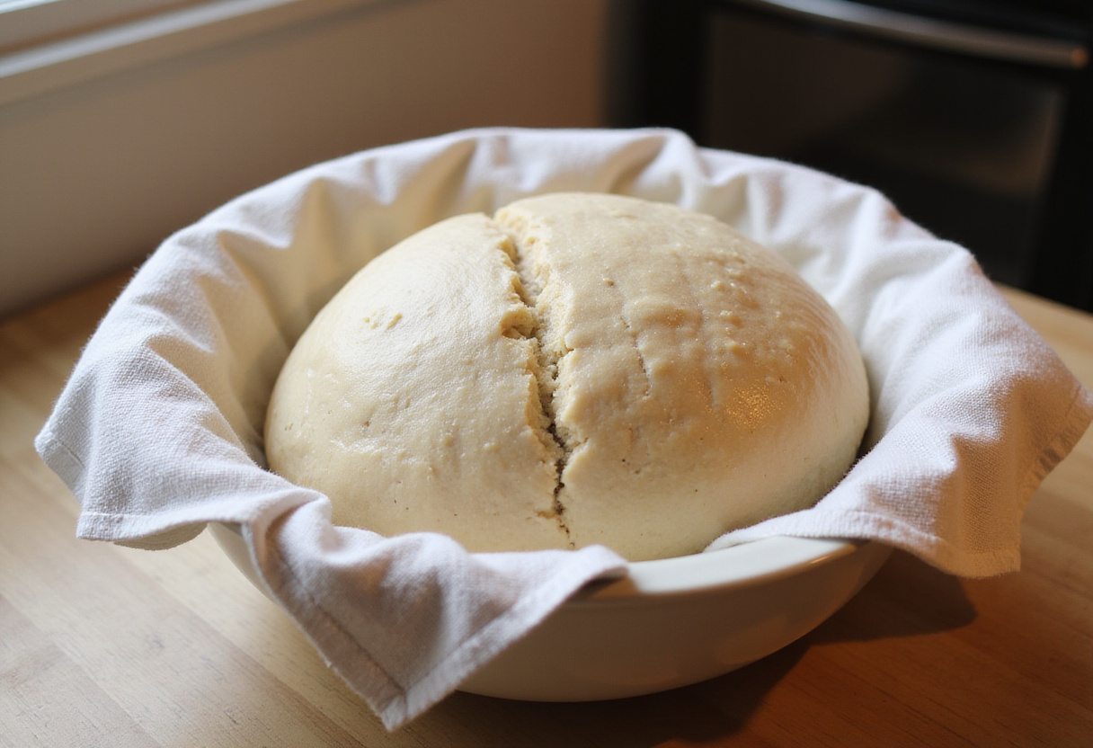 Masa de pan de espelta levandose en un tazón, lista para hornear Pan De Espelta.