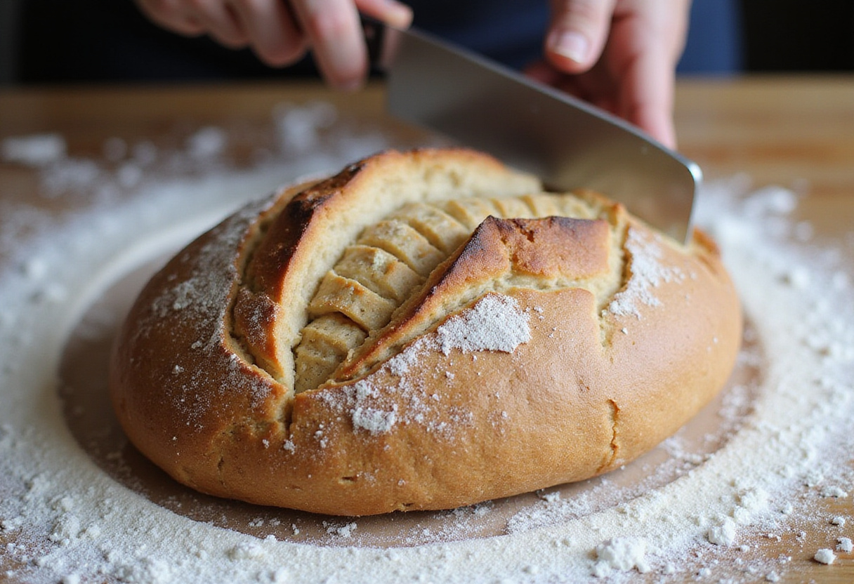 Haciendo un corte en una hogaza de Pan De Espelta antes de hornear para permitir la expansión.
