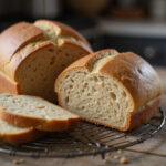Freshly baked spelt bread, as made by grandma, cooling on a rack.