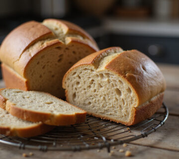 Freshly baked spelt bread, as made by grandma, cooling on a rack.