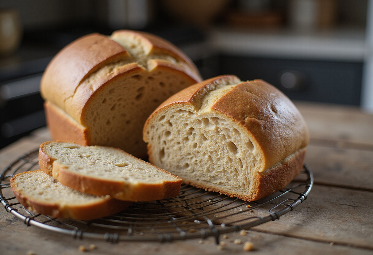Freshly baked spelt bread, as made by grandma, cooling on a rack.