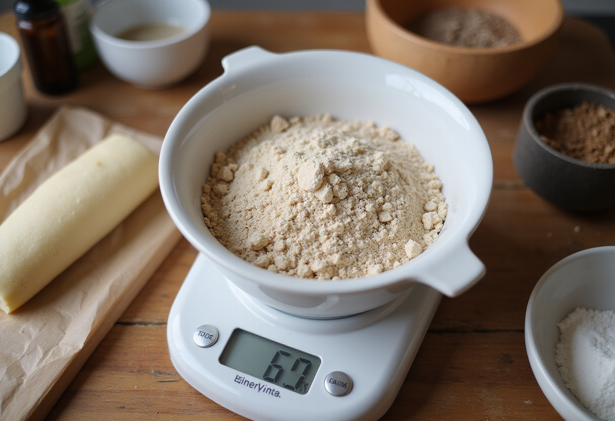 Midiendo harina de trigo sarraceno para hacer Pan De Trigo Sarraceno.