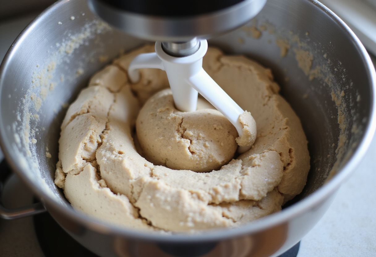 Amasando masa de harina de trigo sarraceno en una batidora para la preparación de Pan De Trigo Sarraceno.