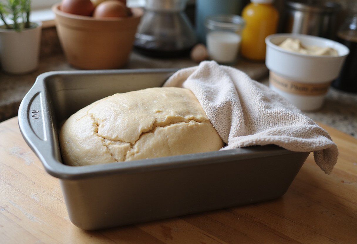 Masa de trigo sarraceno levandose en un molde para pan para Pan De Trigo Sarraceno.