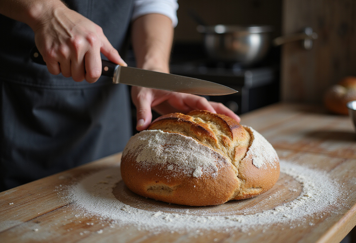 Haciendo un corte en la masa de pan de trigo sarraceno antes de hornear Pan De Trigo Sarraceno.