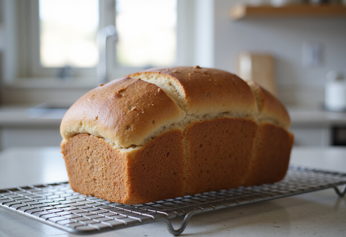 Finished loaf of Pan Integral cooling on a rack.