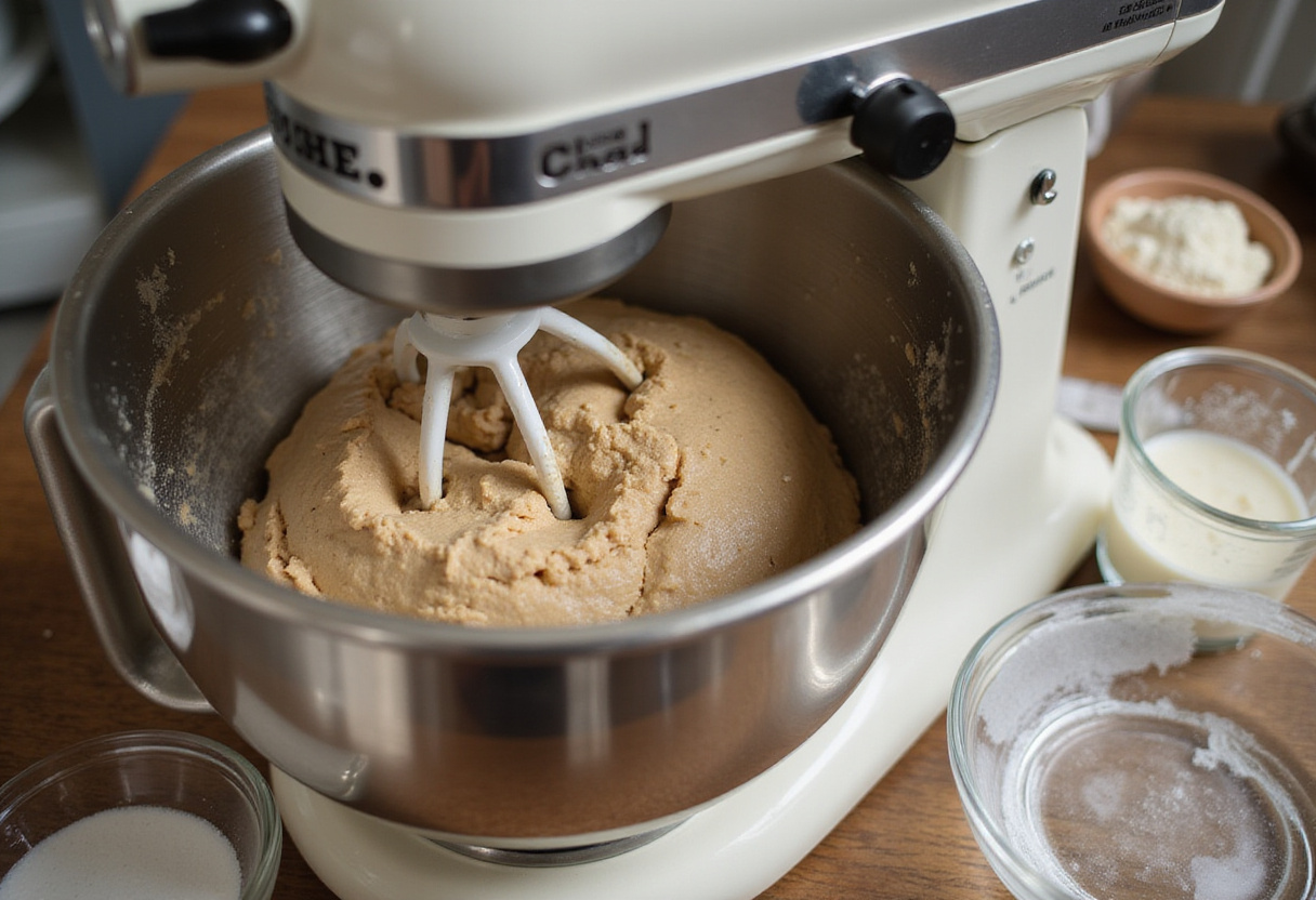 Kneading whole wheat dough for Pan Integral in a stand mixer.